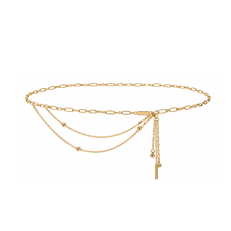 Gold Layered Paperclip Chain Waist Belt with Beaded Tassel Drop