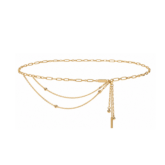 Gold Layered Paperclip Chain Waist Belt with Beaded Tassel Drop