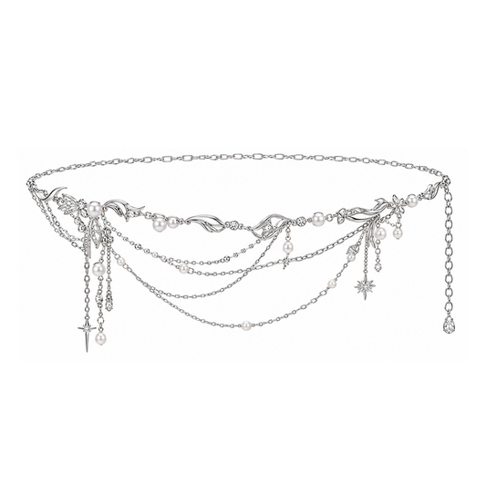 Silver Pearl Vine Butterfly Cascading Waist Chain