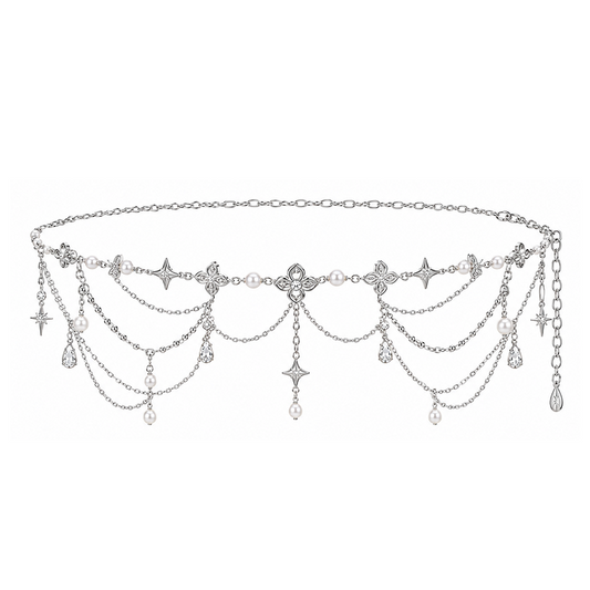 Silver Clover & Starburst Pearl Cascading Waist Chain