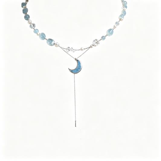 Aqua Blue Moon Silver Layered Necklace