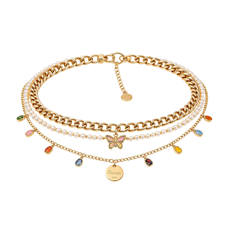 Gold Cuban Chain Pearl Layered Waist Chain with Colorful Butterfly Charms