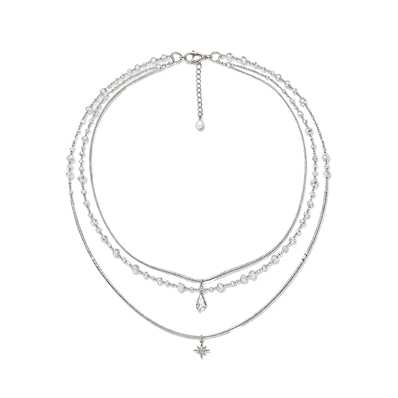 Silver Triple Layer Snake Chain Waist Chain with Crystal Drops