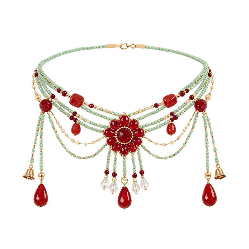 Mint Green Beaded Red Flower Bohemian Waist Chain with Bells