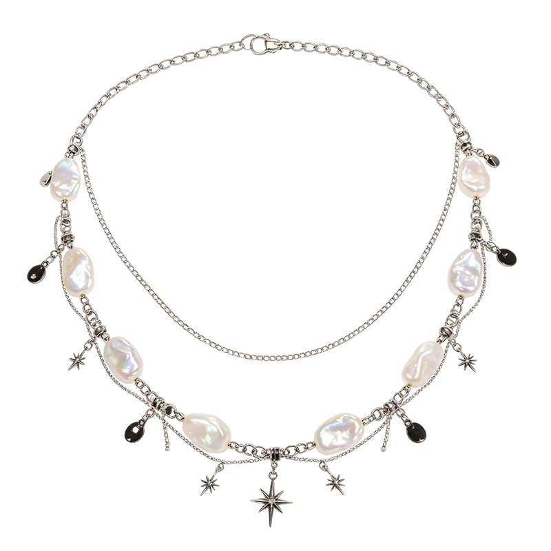 Silver Baroque Pearl Starburst Layered Waist Chain with Black Discs