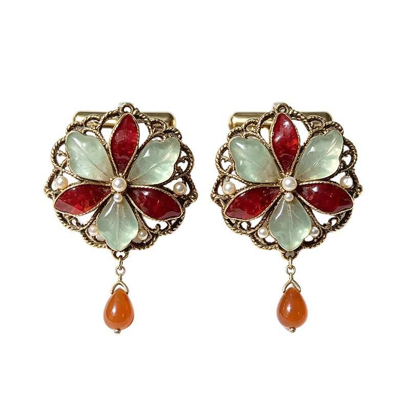 Vintage Carnelian Flower Filigree Cufflinks