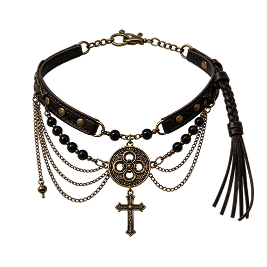 Black Leather Antique Bronze Cross Rosary Waist Chain with Tassel