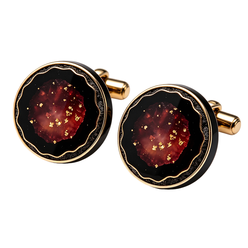 Black Agate Gold Flake Round Cufflinks