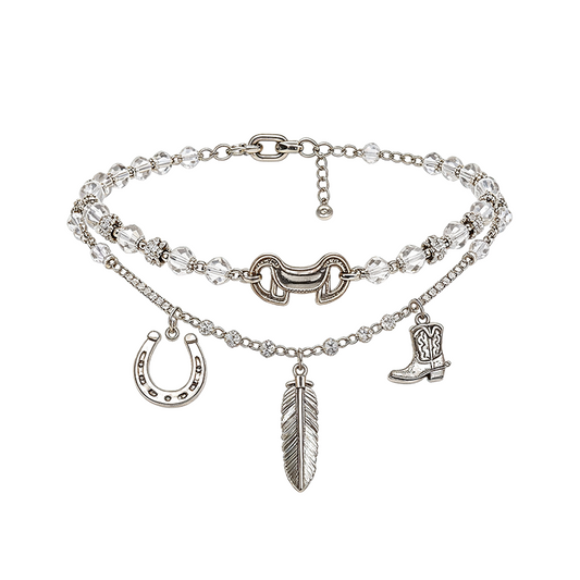 Silver Crystal Western Horseshoe Feather Cowboy Boot Waist Chain