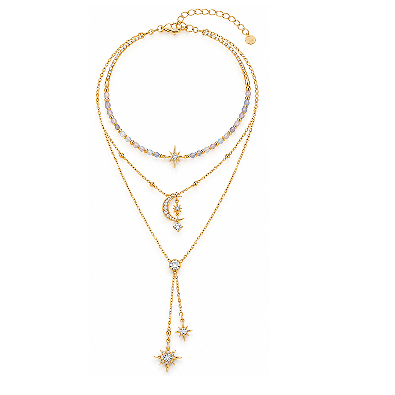 Opal Moon Starburst Triple Layer Gold Necklace