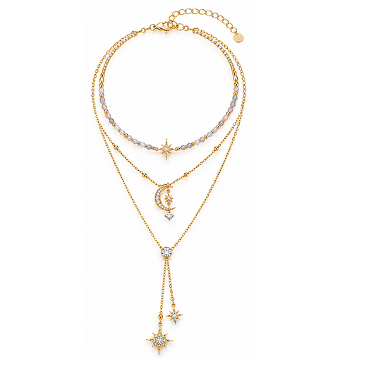 Opal Moon Starburst Triple Layer Gold Necklace