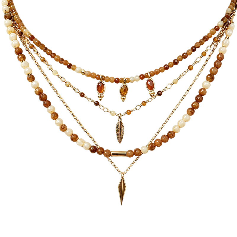 Caramel Amber Stone Feather Dagger Boho Necklace