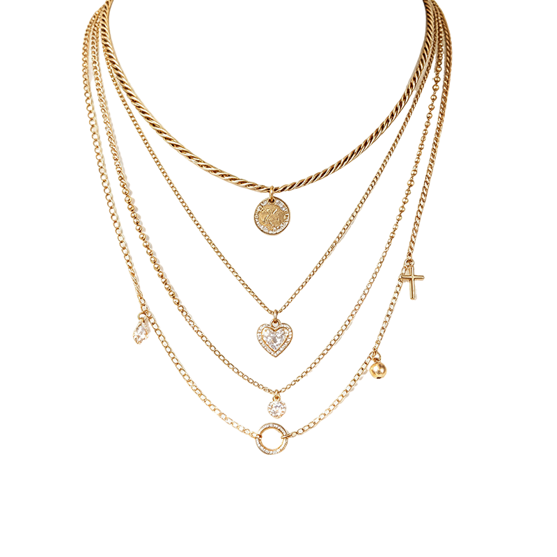 Gold Heart Cross Multi Chain Layered Necklace