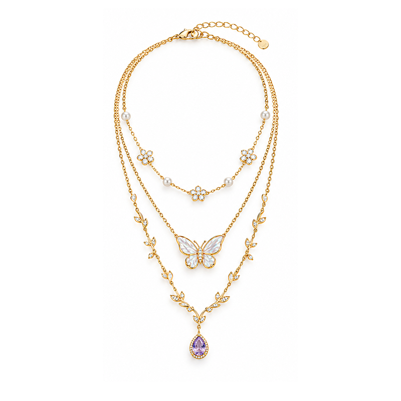 Butterfly Pearl Floral Gold Layered Necklace
