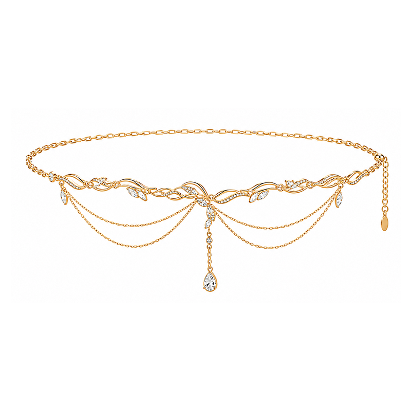 Gold Vine Leaf Crystal Layered Waist Chain with Teardrop Pendant