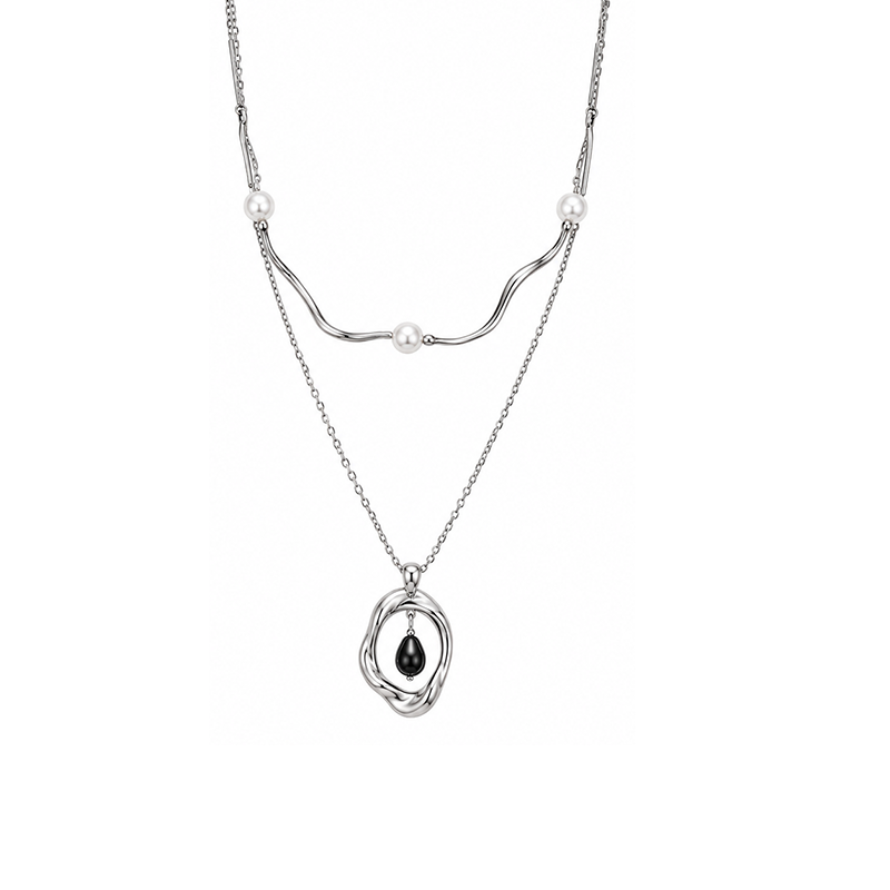 Silver Wave Pearl Black Onyx Necklace
