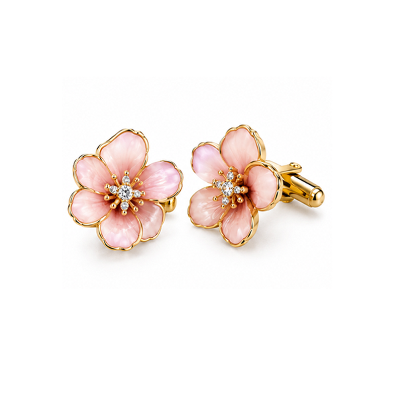 Pink Blossom Gold-Tone Cufflinks with Crystal Center