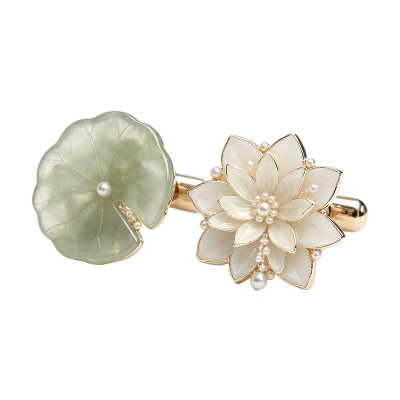 Ivory Lotus & Green Leaf Gold-Tone Cufflinks with Pearls