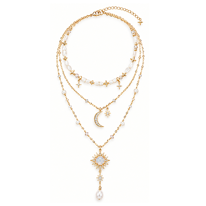 Gold Celestial Sun Moon Pearl Layered Necklace