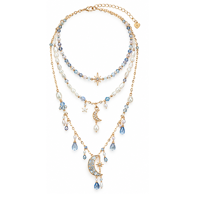 Ocean Blue Moon Star Layered Necklace