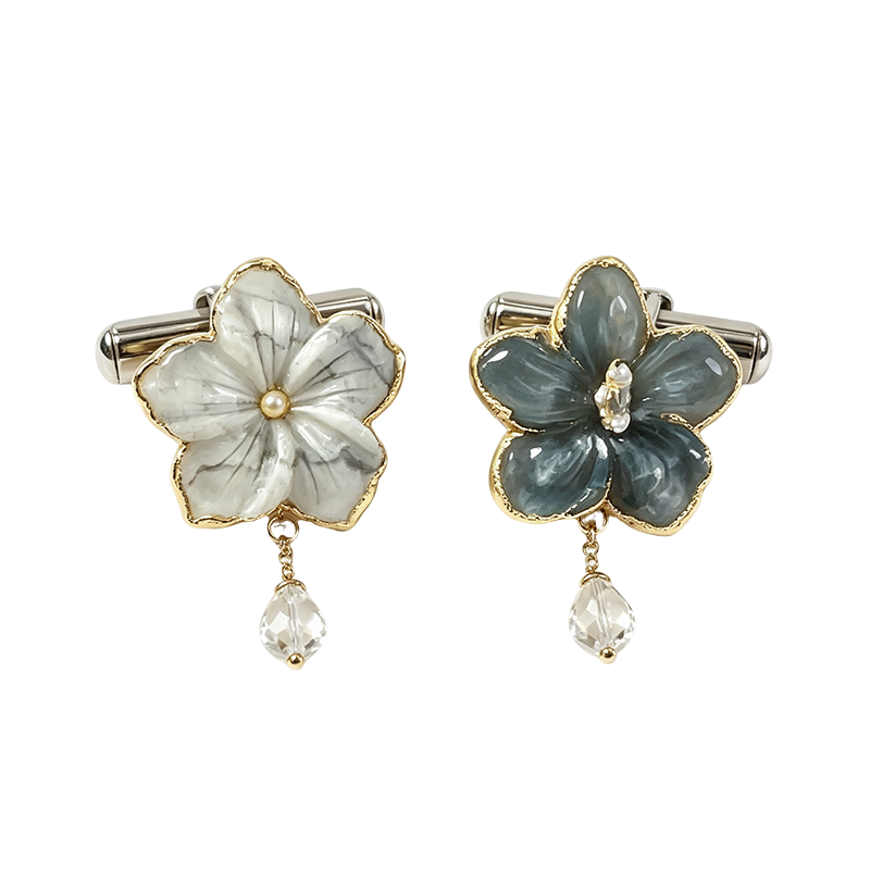 Duo-Tone Floral Crystal Drop Cufflinks (White & Slate)