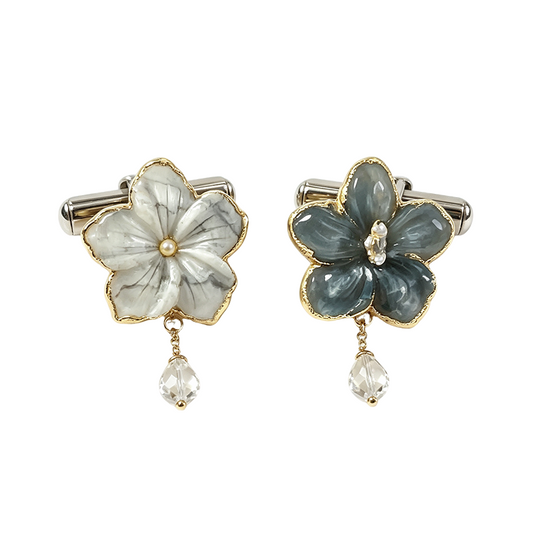 Duo-Tone Floral Crystal Drop Cufflinks (White & Slate)