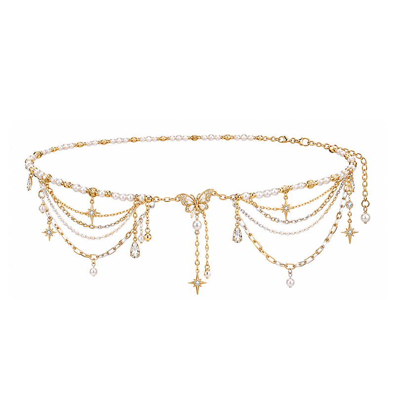 Mixed Tone Pearl Butterfly Layered Waist Chain