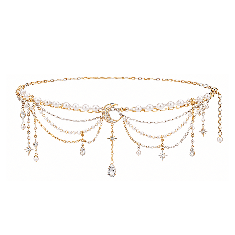 Gold Pearl Crescent Moon Celestial Layered Waist Chain