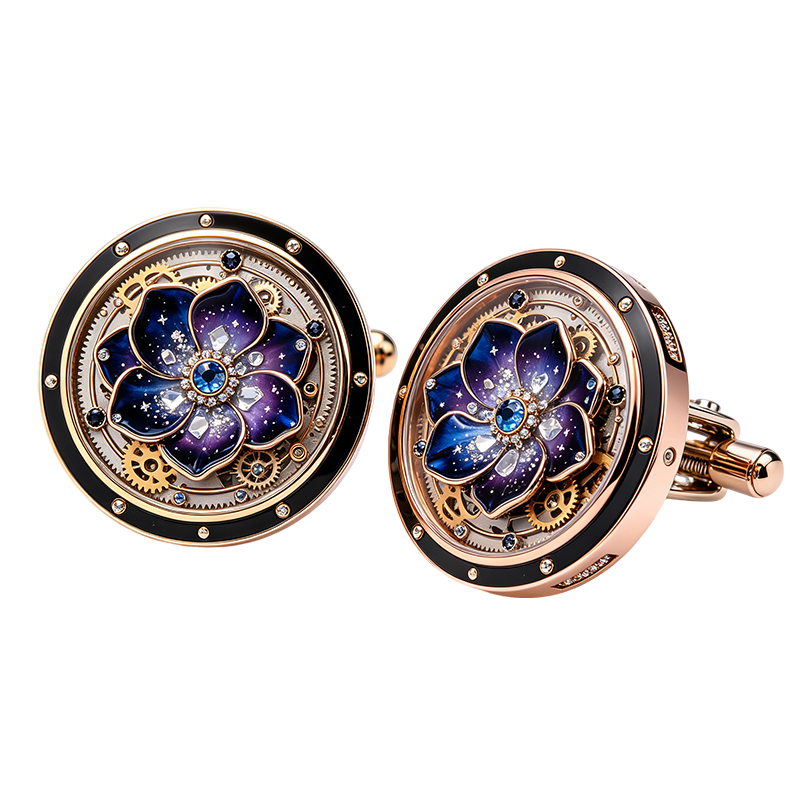 Steampunk Galaxy Flower Rose Gold Cufflinks