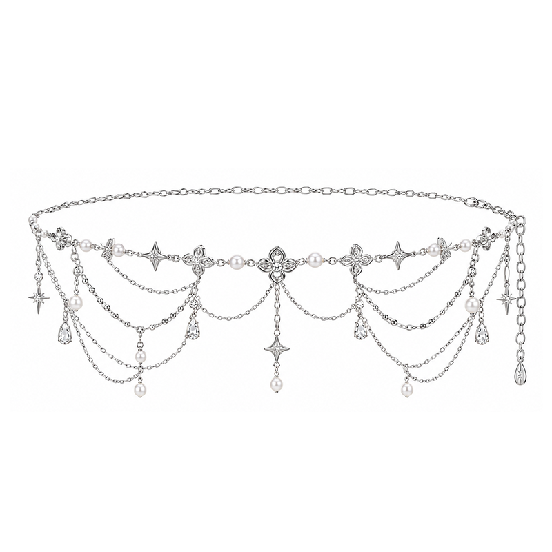 Silver Clover & Starburst Pearl Cascading Waist Chain