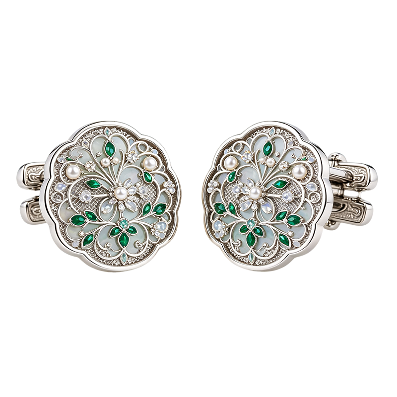 Art Deco Emerald Floral Silver Cufflinks