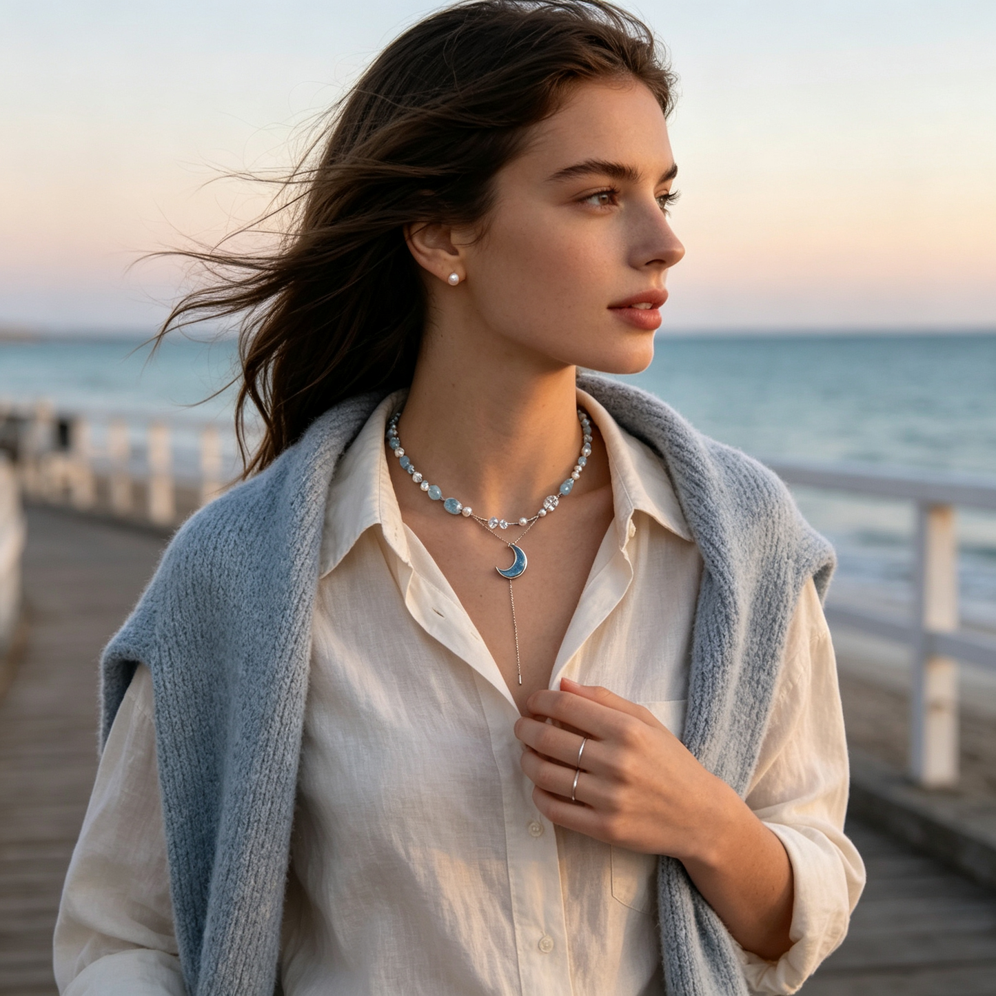 Aqua Blue Moon Silver Layered Necklace