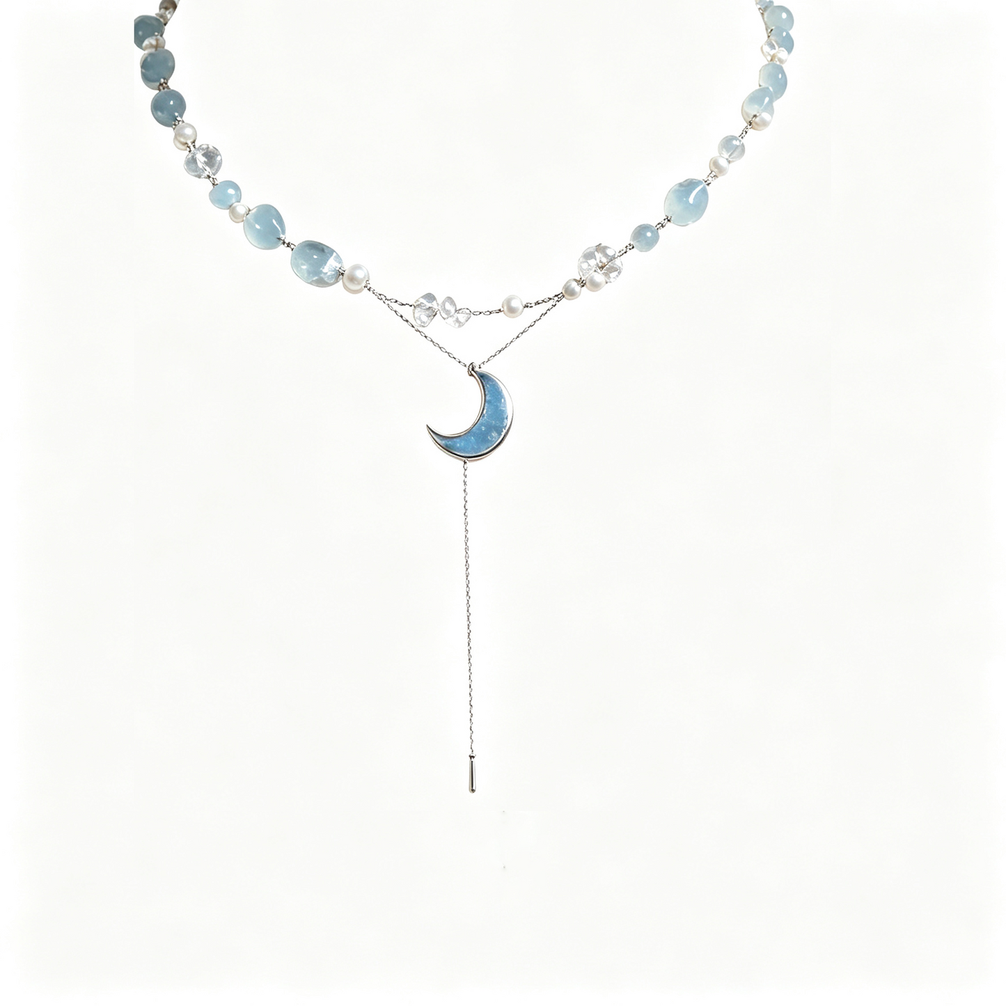 Aqua Blue Moon Silver Layered Necklace