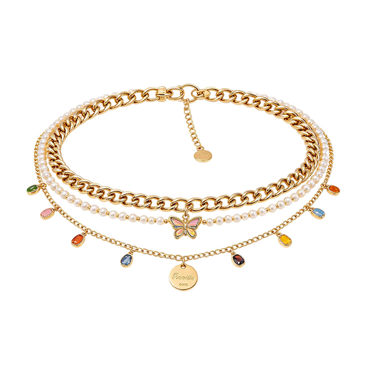Gold Cuban Chain Pearl Layered Waist Chain with Colorful Butterfly Charms