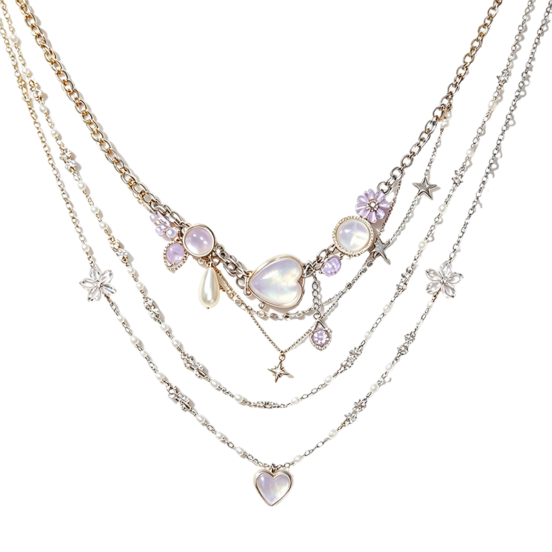 Opal Heart Purple Flower Layered Necklace