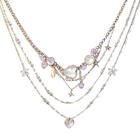 Opal Heart Purple Flower Layered Necklace