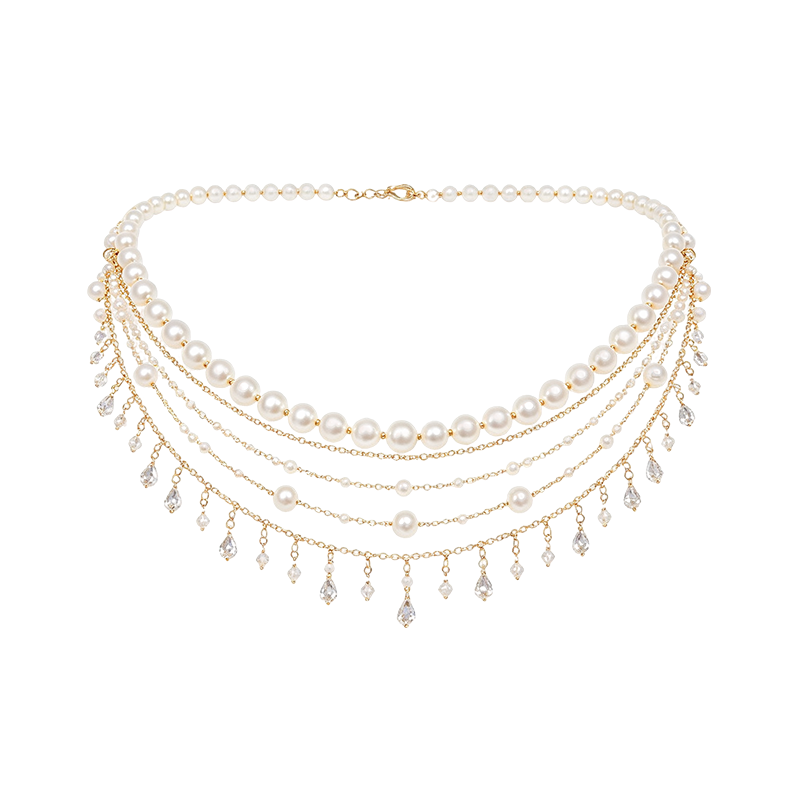 Gold Multi-Layer Graduated Pearl Crystal Waterfall Waist Chain