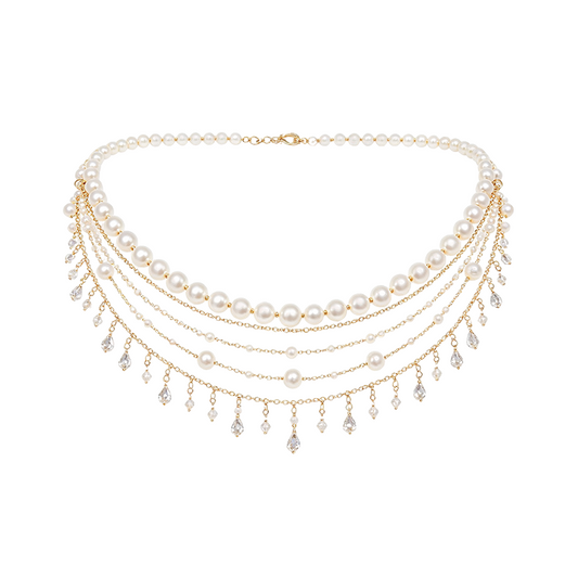 Gold Multi-Layer Graduated Pearl Crystal Waterfall Waist Chain