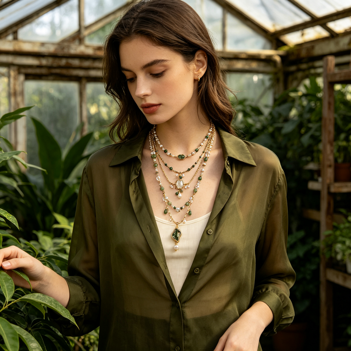 Green Jade Pearl Gold Layered Necklace