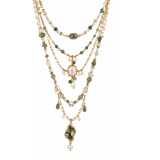 Green Jade Pearl Gold Layered Necklace