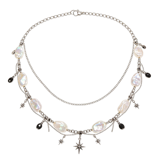 Silver Baroque Pearl Starburst Layered Waist Chain with Black Discs
