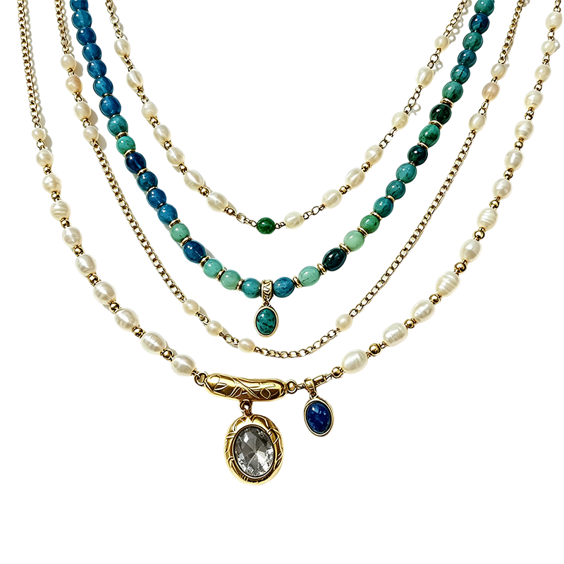 Turquoise Lapis Pearl Gold Layered Necklace