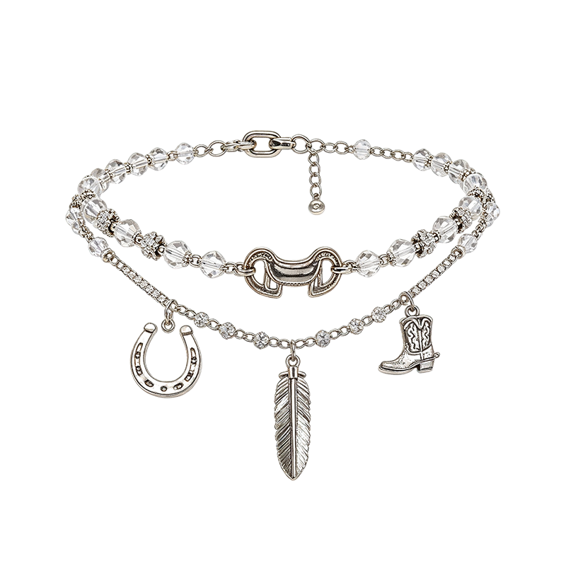 Silver Crystal Western Horseshoe Feather Cowboy Boot Waist Chain