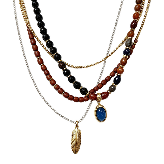 Boho Feather Lapis Mixed Metal Necklace