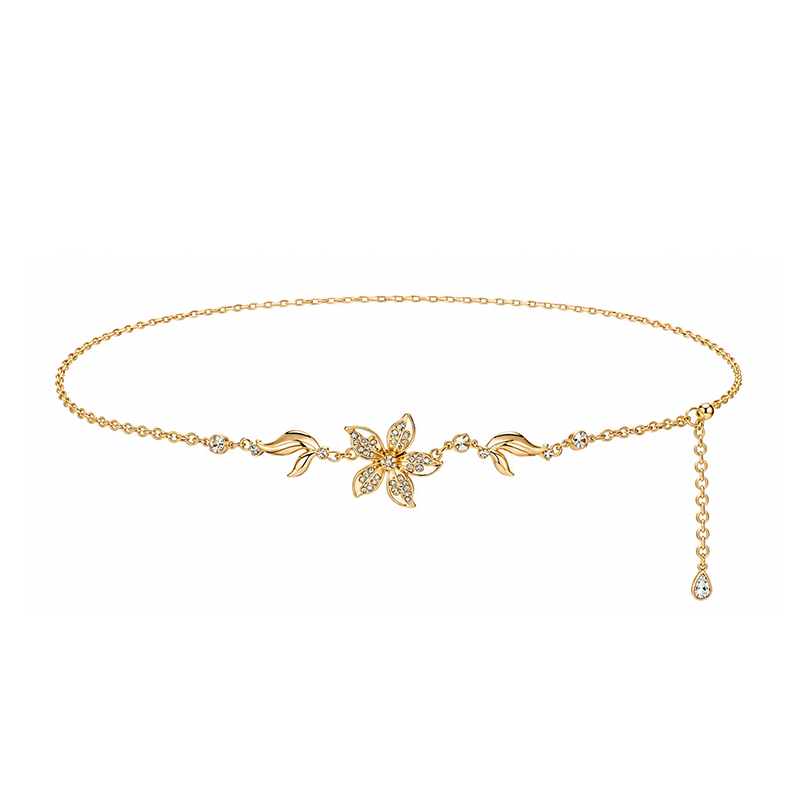 Gold Crystal Flower & Leaf Waist Chain with Teardrop Pendant