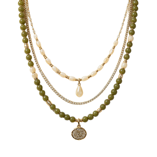 Olive Green Pearl Medallion Layered Necklace