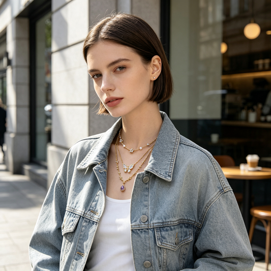 Butterfly Pearl Floral Gold Layered Necklace
