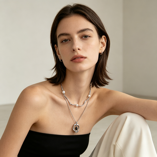 Silver Wave Pearl Black Onyx Necklace