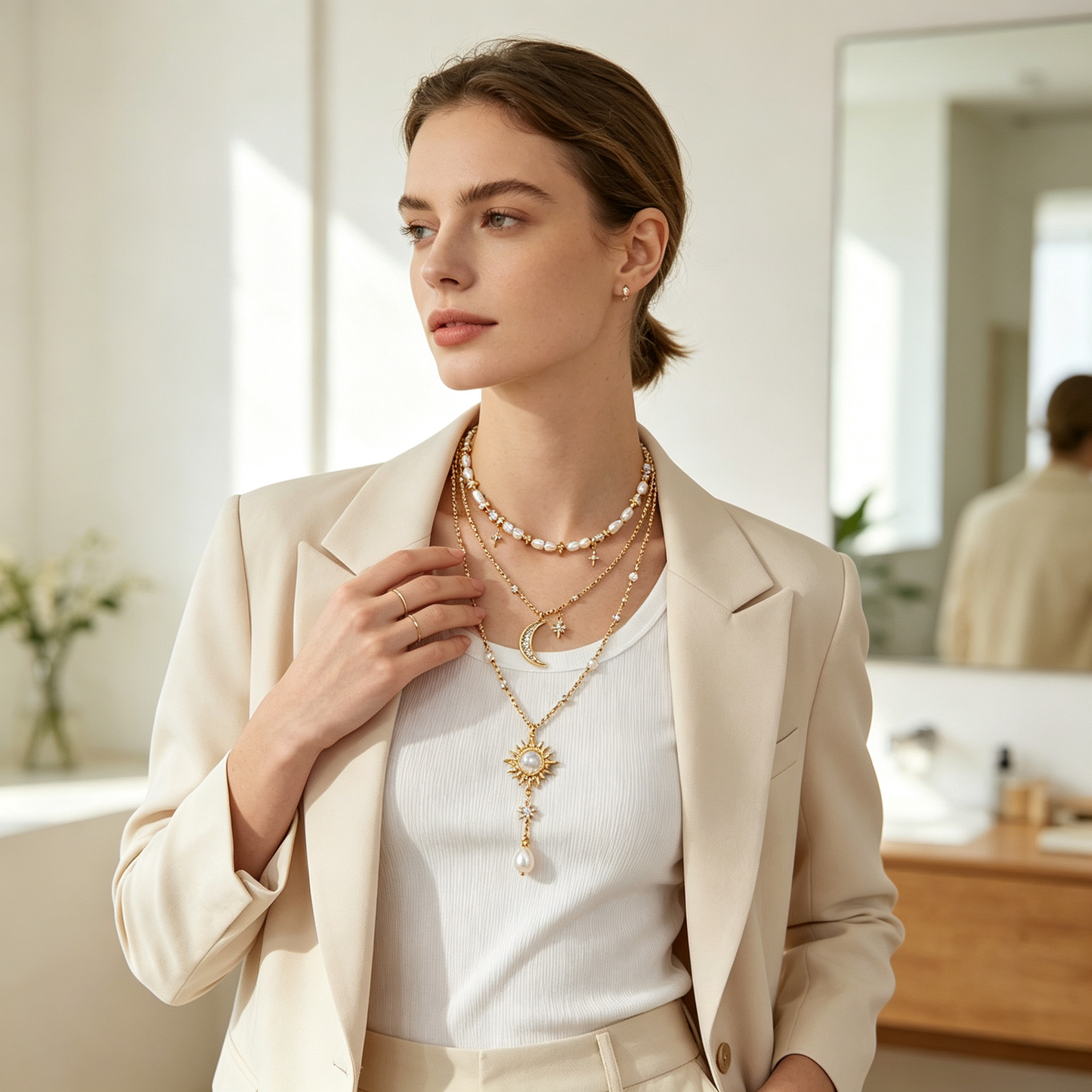 Gold Celestial Sun Moon Pearl Layered Necklace