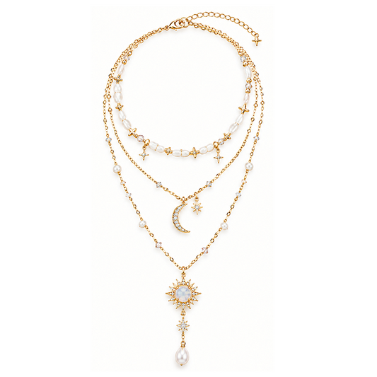 Gold Celestial Sun Moon Pearl Layered Necklace